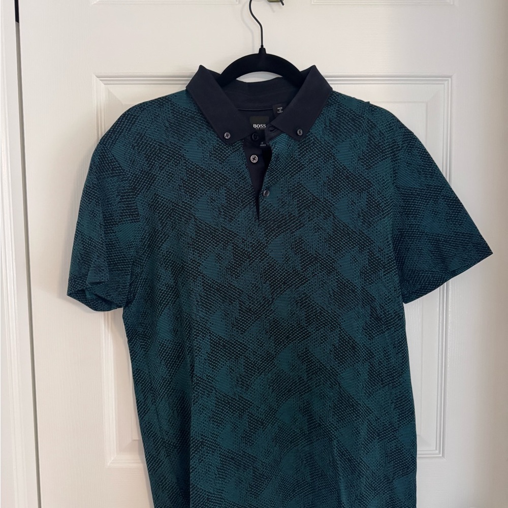 Hugo Boss Teal and Black Patterned Polo Shirt